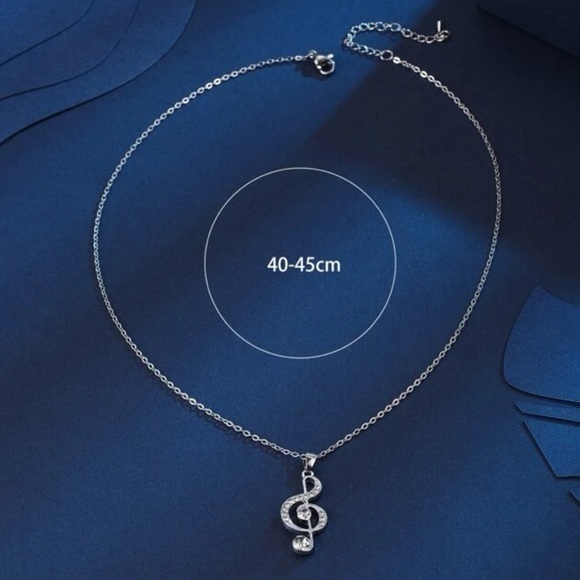 Rhinestone Treble Clef Charm Necklace Silver Plated Music Note - Picture 4 of 6